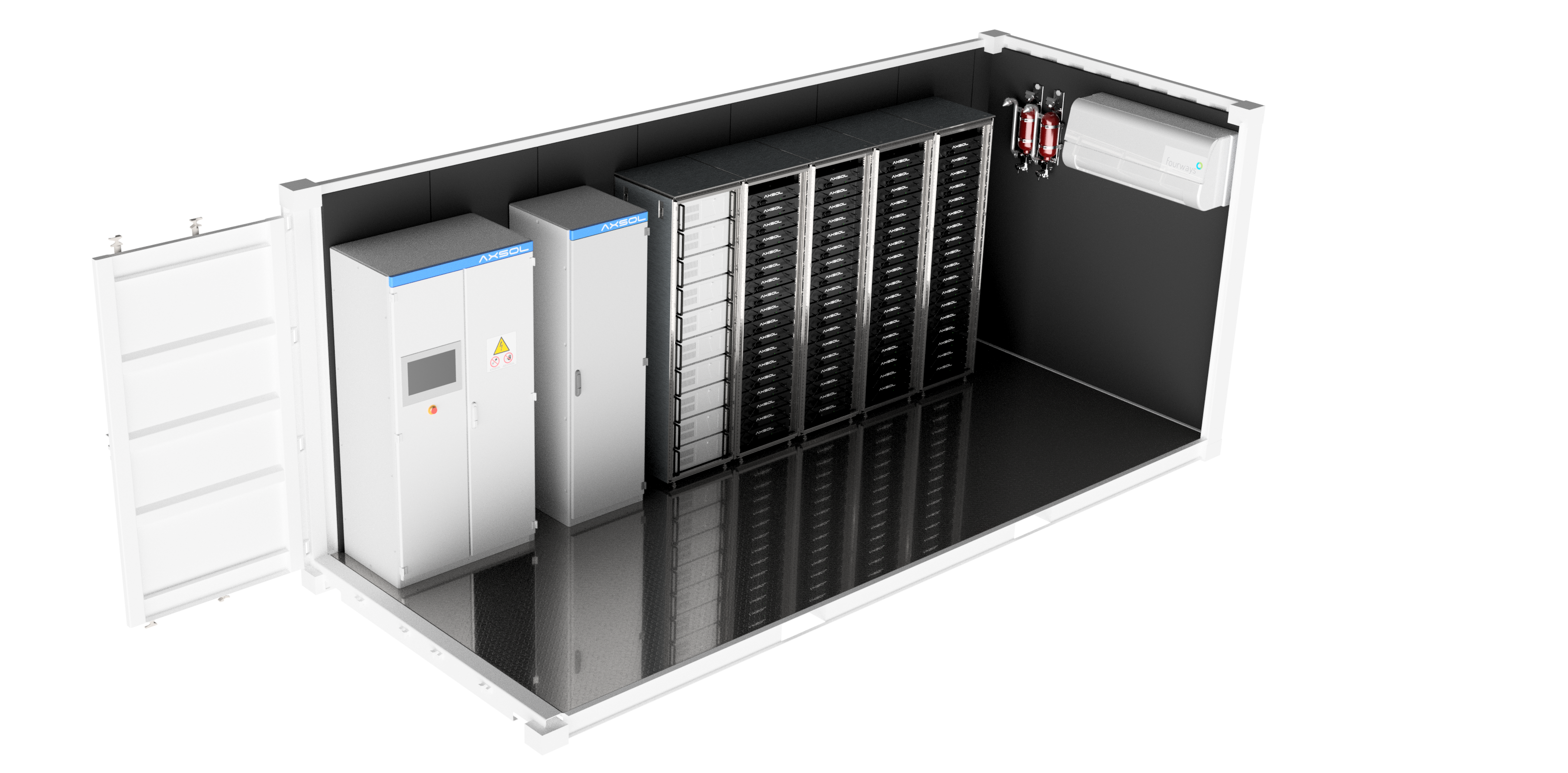 AXSOL Energy Container Solutions Innenansicht Batteriespeicher mit Batterieracks